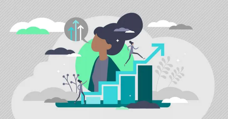 Illustration of a woman surrounded by different symbols including an ascending blue bar chart to signify an upward trajectory