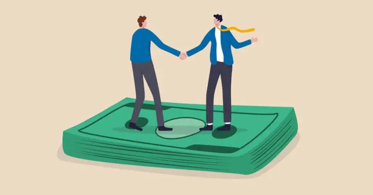 Illustration of two men in black pants and blue shirts shaking hands and standing on top of a stack of money on a tan background