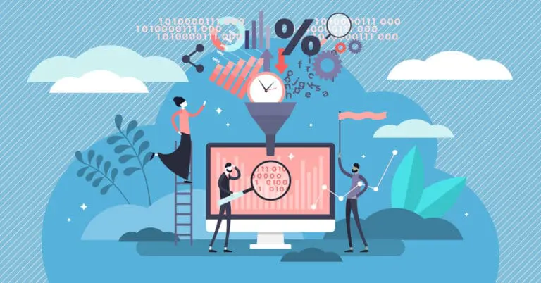 Digital illustration of a computer monitor surrounded by 3 employees with a funnel hovering over the top with images of clocks, percentages, and graphs to symbolize data collection