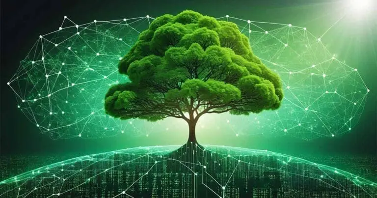 AI-generated image of a lush green oak tree growing out of what appears to be a digital circuit board