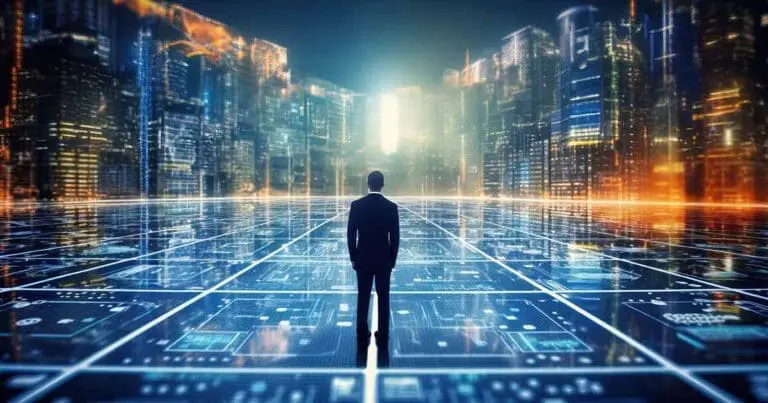 ai-generated image of a man standing in a large long corridor with a circuit board floor and holographic transparent buildings lining the sides