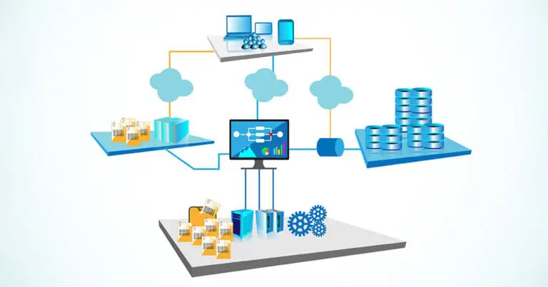 computer animated image made up of several graphics that are connected by lines with a computer in the center of them all to represent interconnectivity