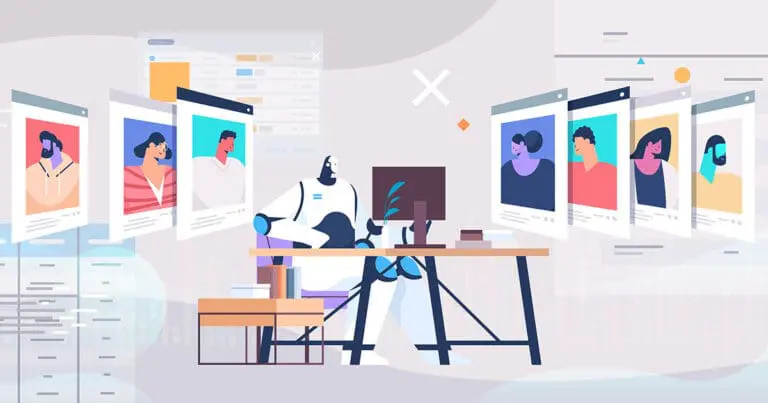 digital illustration of a white and blue robot sitting at a desk surrounded by floating human job profiles to represent ai resume builders