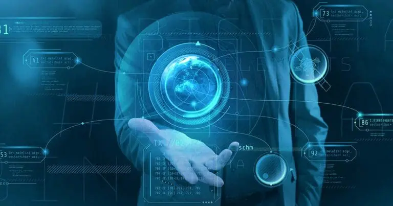 image of a man's torso with his arm outstretched with its palm facing up with a floating blue translucent orb hovering above it to symbolize augmented analytics