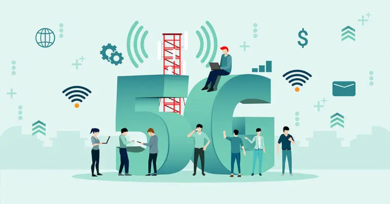 digital illustration in gradients of green with a larger than life 5G block letter in the center surrounded by people working together to symbolize 5g mobile app development