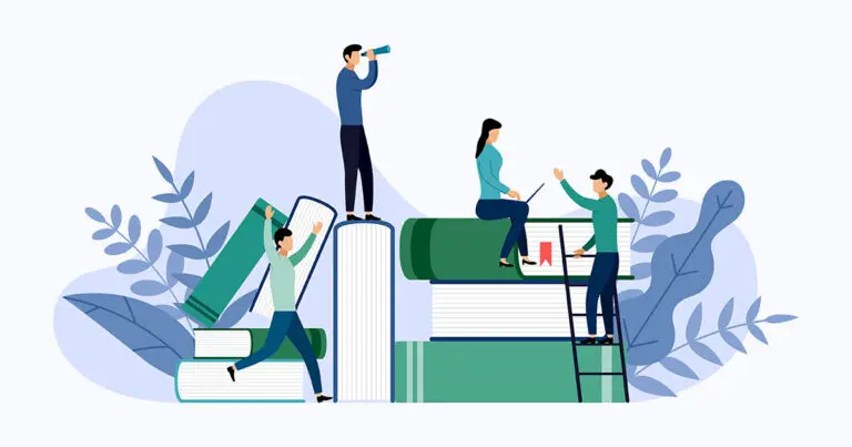 digital abstract illustration of people standing around or sitting on very large books and interacting with each other to symbolize continuing education in the workplace