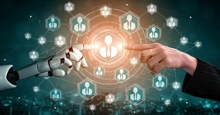 An image depicting the integration of artificial intelligence in human resources. A robotic hand and a human hand are pointing towards an illuminated icon of a professional figure, symbolizing the collaboration between AI technology and human HR professionals. The background features interconnected icons representing various candidates, highlighting the use of AI in candidate selection and recruitment processes.