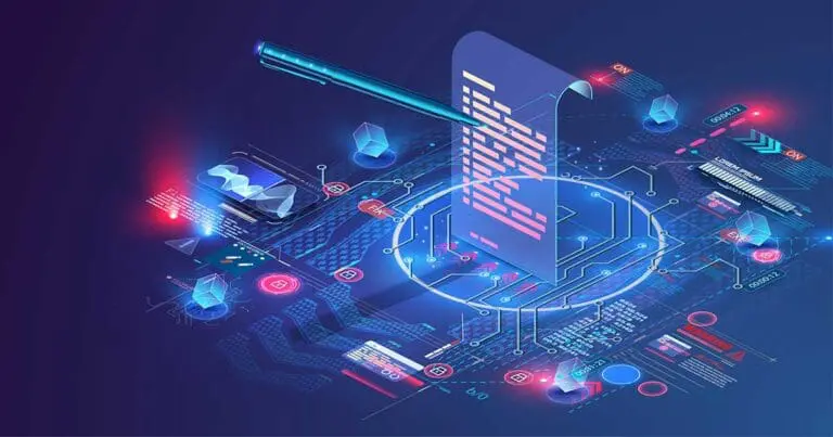 digital illustration of a conceptual cloud computing blockchain landscape in which a contract floats above various circuitry with a pen signing the contract to symbolize smart contracts