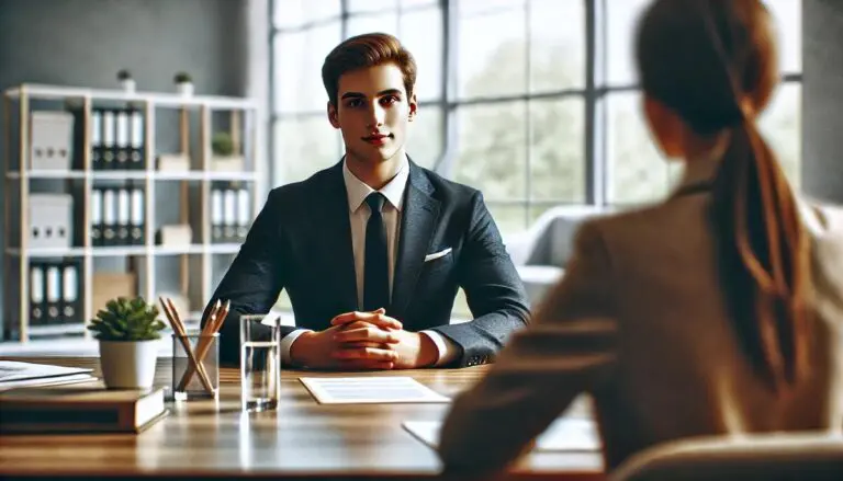 A professional young man in a suit sits confidently at a desk during a job interview. He faces the interviewer, who is partially visible from behind. The setting is a bright office with large windows, natural light, and organized shelves filled with binders and plants. The scene captures the serious and poised atmosphere of a formal interview process.