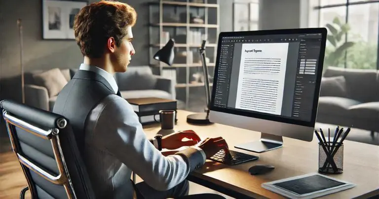 A man is seated at a desk, working on a resume displayed on a large computer monitor. He is dressed in a suit, suggesting a professional setting. The desk is neatly organized with a pen holder, a coffee cup, and some documents. The background features a modern, well-lit office space with large windows and comfortable furniture.