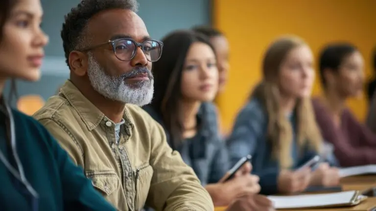 A diverse group of adult learners, including an older man with glasses and a gray beard, attentively listens during a classroom lecture. The man, seated in the foreground, wears a light-colored button-up shirt, conveying focus and engagement. The background shows other students, both male and female, of varying ages, also absorbed in the learning experience, highlighting the importance of lifelong learning across different demographics.