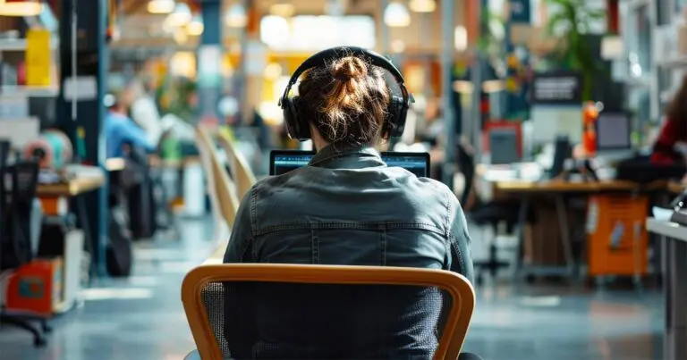 A person wearing headphones works at a computer in a busy, open office environment, symbolizing the concept of embracing neurodiversity in the workplace.