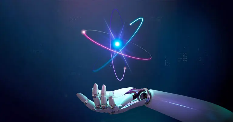 a digital image of an outreached white robot arm extended from the right hand side of the i mage cupping a floating ball of light surrounded by rings of light in multiple colors to symbolize nuclear power for AI