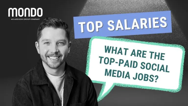 black and white image of a smiling male staffing professional with dark hair standing next to colorful text that reads "Top Salaries - What are the top paid social media jobs?"