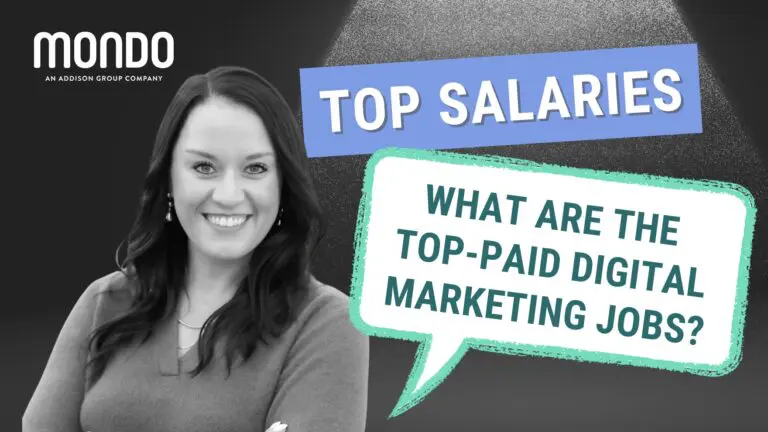 black and white image of a smiling female staffing professional with dark hair standing next to colorful text that reads "Top Salaries - What are the top paid digital marketing jobs?"