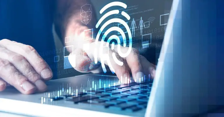 Close-up of hands typing on a laptop keyboard with a glowing digital fingerprint icon overlay, surrounded by facial recognition graphics and data symbols, representing the transition away from traditional passwords and the rise of biometric security in 2024.