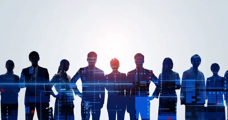 Silhouetted group of diverse professionals standing in a row against a light background with overlaying digital elements, including binary code and data symbols, symbolizing technology and the digital workforce.