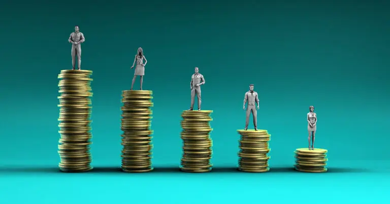 A gradient blue-green backdrop with stacks of coins getting smaller in descending order. On each pile of coins there is a miniature person standing to represent salary ranges.