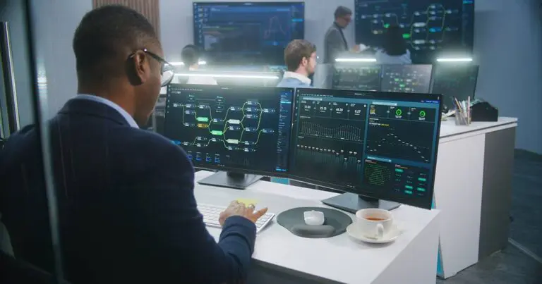 A person in a suit is sitting at a desk with two monitors displaying data visualizations, graphs, and blockchain network diagrams. The person is typing on a keyboard, and there is a cup of tea on the desk. In the background, other individuals are working at desks with screens showing similar data, while one person stands discussing information with another. The office is well-lit, modern, and appears to be a technology-focused workspace.