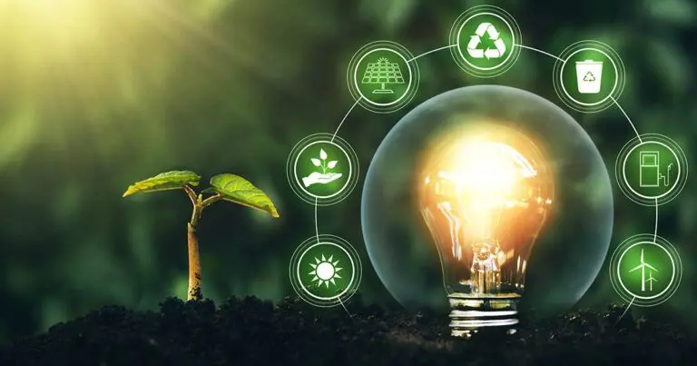 Digital image of a seedling sprouting through soil next to a lightbulb that appears to be planted in the soil surrounded by various symbols like a sun and a tree to symbolize technology in renewable energy