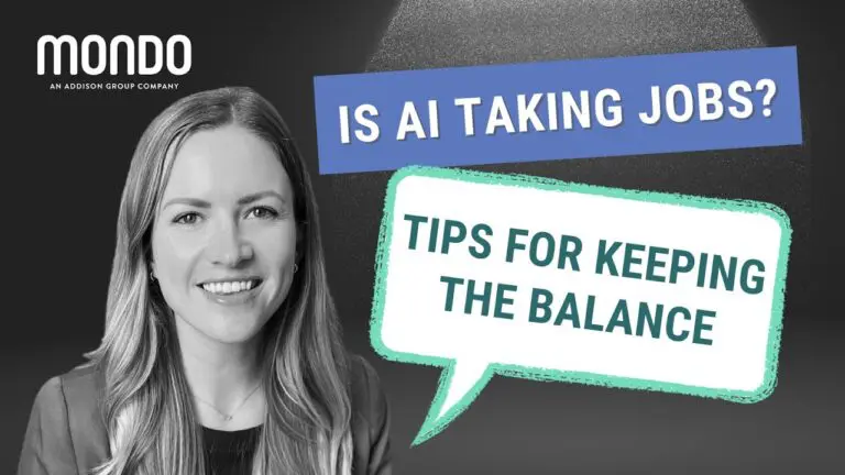 A black and white image of a woman with purple and green speech bubbles overlayed to say 'is AI taking jobs? tips for keeping the balance'