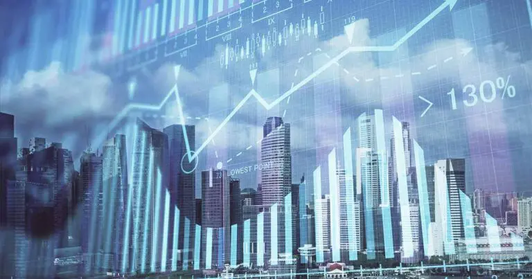 A digitally manipulated image of a modern city skyline with transparent financial graphs, candlestick charts, and upward-trending lines overlaid. The image includes numerical data, percentages, and the words "LOWEST POINT" and "130%," symbolizing economic growth, job market trends, or business analytics. The color scheme is dominated by cool blue tones.