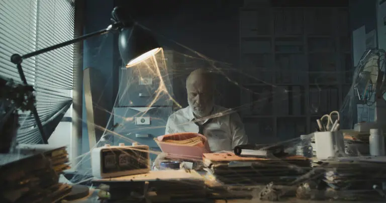 An older man in a disheveled shirt and tie sits at a cluttered desk in a dimly lit office, surrounded by stacks of paperwork covered in thick cobwebs. A desk lamp casts a moody glow as he looks at a folder with a tired expression. The neglected office, filled with dusty files and outdated supplies, conveys a sense of stagnation, delay, or an outdated hiring practices.