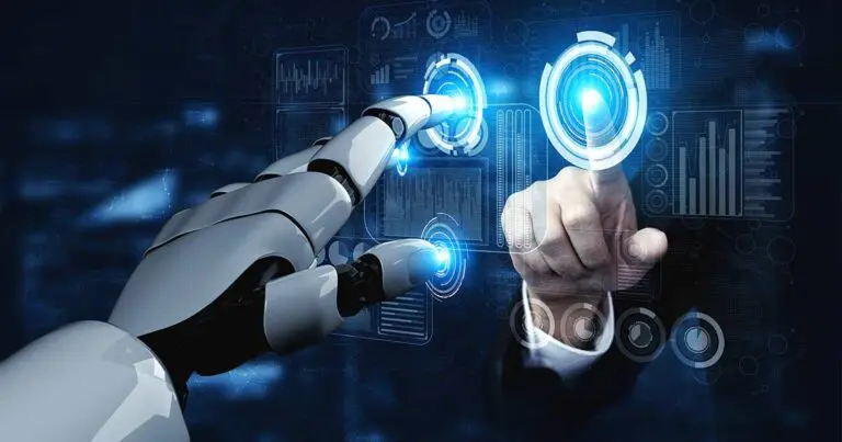 Image of a robotic hand and a human hand simultaneously interacting with a futuristic digital interface. Glowing blue touchpoints and holographic data elements symbolize artificial intelligence, automation, and human-AI collaboration in technology-driven environments.