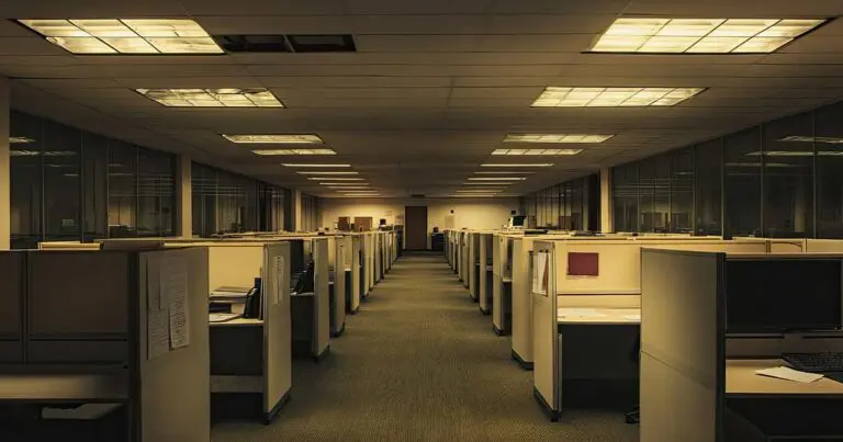 Image of a large, dimly lit office filled with empty cubicles and fluorescent lighting. The scene feels deserted and monotonous, symbolizing outdated work environments, employee disengagement, and the risks companies face when rigid talent strategies fail to adapt to evolving workforce expectations.