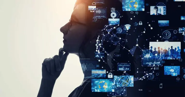 Silhouetted woman in deep thought surrounded by digital data visuals and AI technology overlays, symbolizing the intersection of innovation and human intelligence—highlighting how to promote career building in your company through people-first leadership in the age of AI.