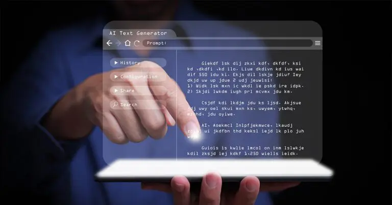 A man in a blue shirt holding and typing on a digital image of a transparent laptop with text on the screen that looks like AI prompts and answers to symbolize generative search optimization (GEO)