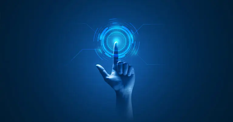 An image in shades of blue of a hand pointing and pressing the center of the screen with a circle surrounding the finger to indicate that the finger is pressing a digital button