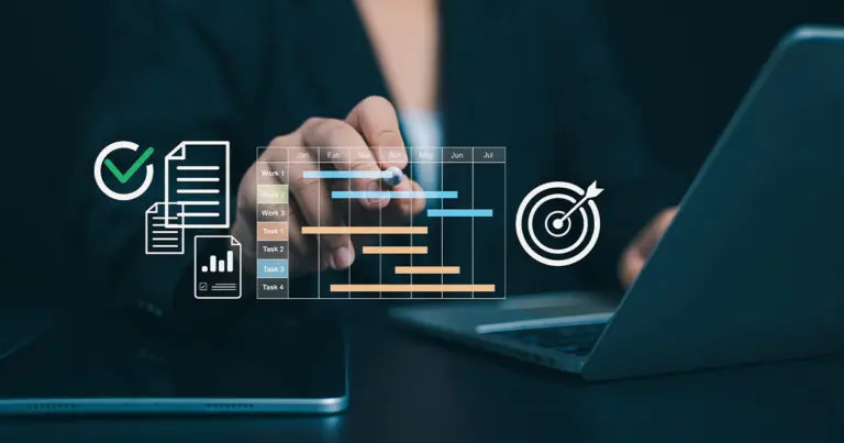 A photo of a person holding an electronic pen to a transparent digital screen overlaid over the photo with symbols like a bullseye, calendars, and charts to symbolize mid-year checkins and progress