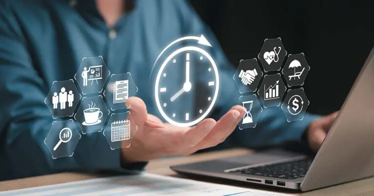 Businessperson managing icons representing time, productivity, and employee benefits—illustrating how to promote career building in your company through strategic talent planning, resource allocation, and growth opportunities.