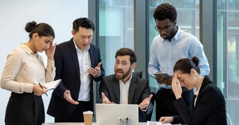Frustrated team in a boardroom experiencing misalignment, highlighting the need for clear communication, leadership development, and structured planning on how to promote career building in your company.