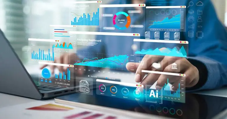 Hands interacting with futuristic analytics and AI dashboards, symbolizing how to promote career building in your company by integrating data-driven strategies and AI tools to upskill teams and optimize development workflows.