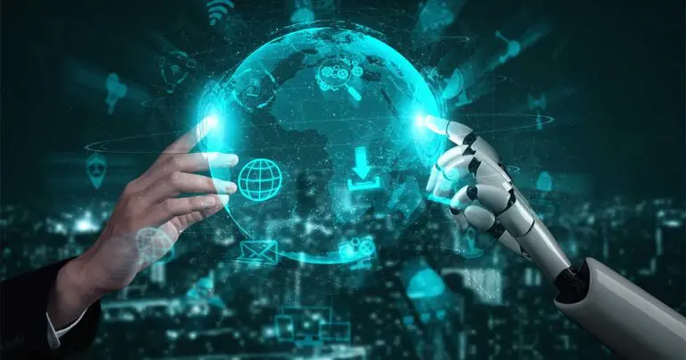 A digitally rendered image showing a human hand and a robotic hand reaching toward a glowing, holographic globe surrounded by floating digital icons, symbolizing artificial intelligence, automation, and global digital connectivity. The background features a blurred cityscape at night, emphasizing a futuristic technology theme.
