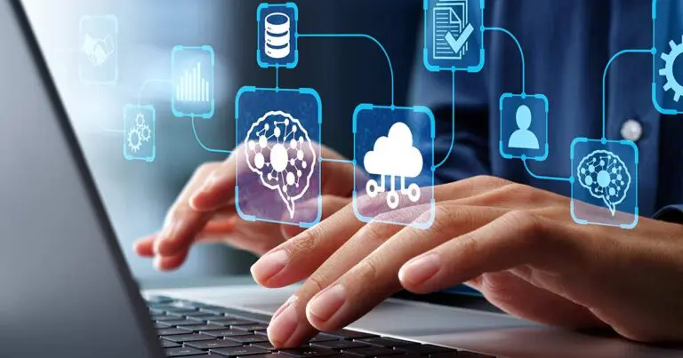 A close-up of hands typing on a laptop keyboard, with floating digital icons overlaid above the keyboard. The icons represent artificial intelligence, cloud computing, data analysis, user profiles, gears, and document management. The person appears to be engaged in a digital workflow involving automation and intelligent systems.