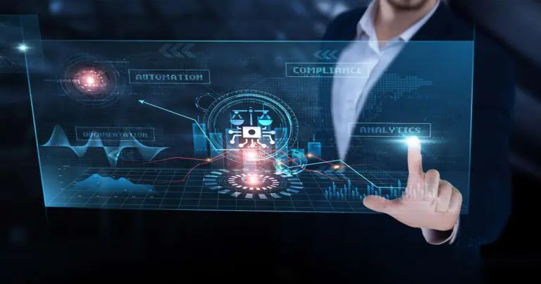 Business professional using futuristic AI interface with analytics, automation, and compliance dashboards—representing the need for internal skill development and AI literacy in strategies on how to promote career building in your company.