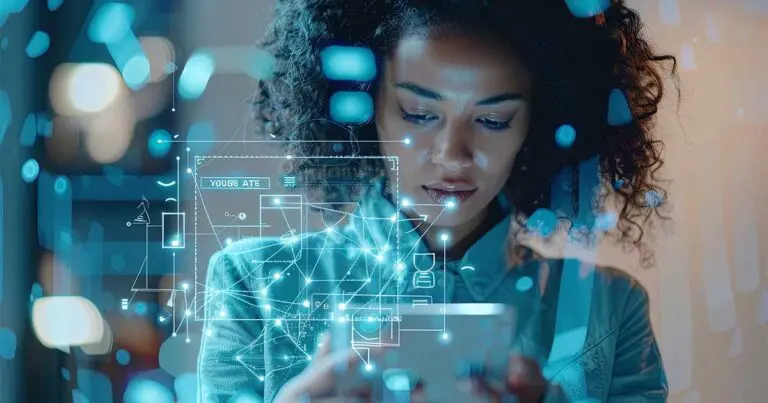 A young woman with curly hair looks down at a digital tablet, surrounded by abstract blue light patterns and futuristic digital interface elements overlaid in the foreground, representing data or technology. The background is softly blurred with cool tones and bokeh lighting, emphasizing the theme of innovation and digital transformation.