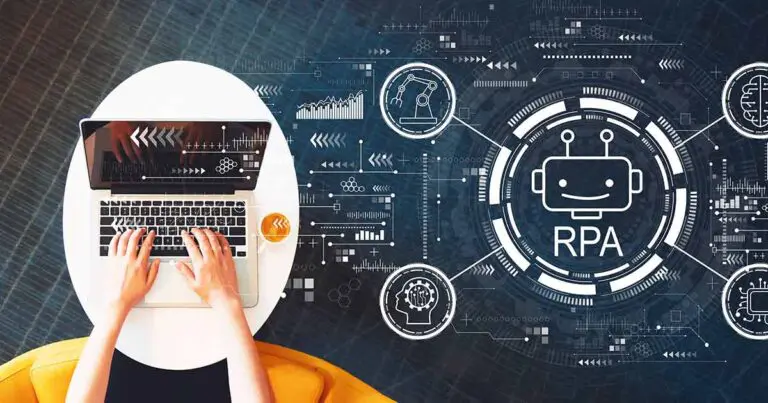 A person types on a laptop at a white desk with a drink nearby. Overlaid digital graphics depict an RPA (Robotic Process Automation) interface, featuring icons of a robot, gears, charts, and artificial intelligence, all connected in a network-like diagram. The robot icon has a friendly smile, and the scene conveys high-tech automation and workflow efficiency.