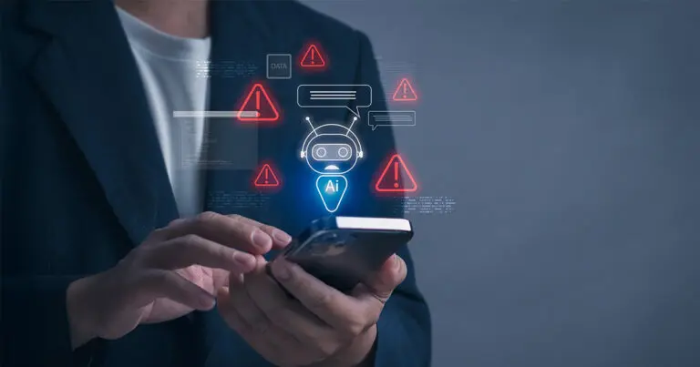 A person in a dark suit uses a smartphone while red warning icons and a glowing AI chatbot symbol appear as holograms above the device, suggesting concerns about artificial intelligence risks or data security.