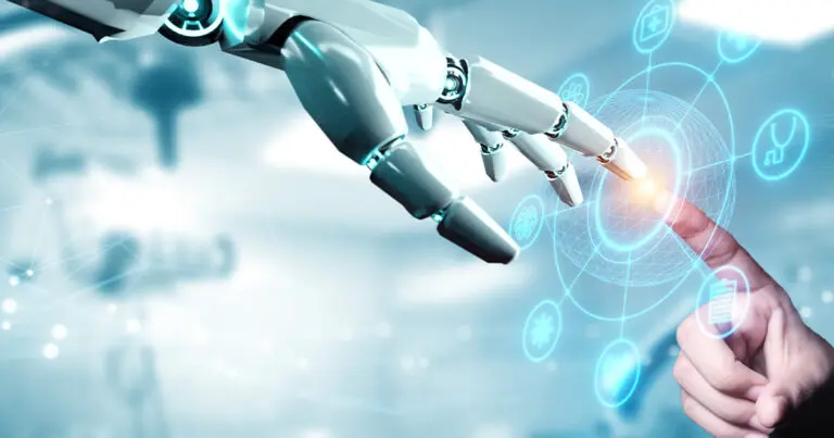 A robotic hand and a human hand reach toward each other, touching fingertips as a glowing digital interface appears between them. Blue holographic icons surround the point of contact, symbolizing technology, communication, and innovation.