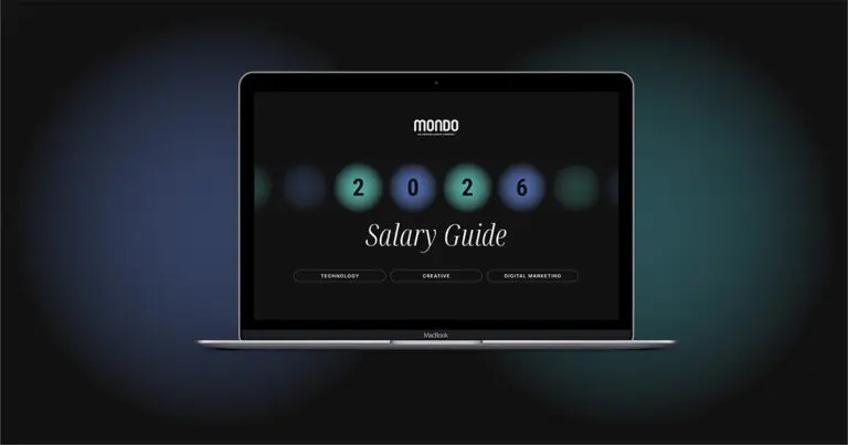 2026 Mondo Salary guide image of a laptop with green and purple circles with the numbers 2026 and the phrase salary guide on the screen