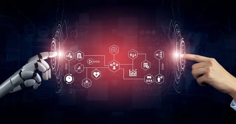 A robotic hand and a human hand reach toward each other across a dark digital background, each touching a glowing circular interface. Between them, a row of illuminated icons shows concepts like data, health, finance, and workflow, suggesting collaboration between humans and artificial intelligence