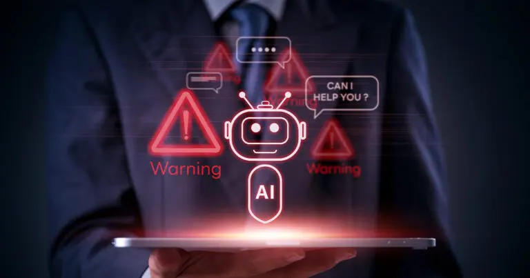 A suited figure holds a tablet projecting a glowing red AI robot icon surrounded by warning triangles and alert symbols. Floating text includes “Warning,” “AI,” and a speech bubble reading “Can I help you?,” conveying concern about artificial intelligence risks and security threats.