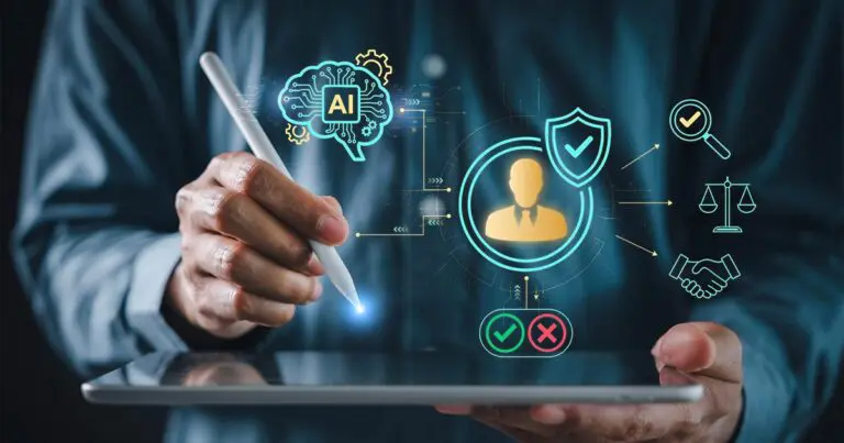 A person uses a stylus on a tablet as glowing interface icons show an AI brain, a user profile with a security shield, and symbols for verification, fairness, and approval. The scene conveys human oversight, ethical review, and trust in artificial intelligence systems.