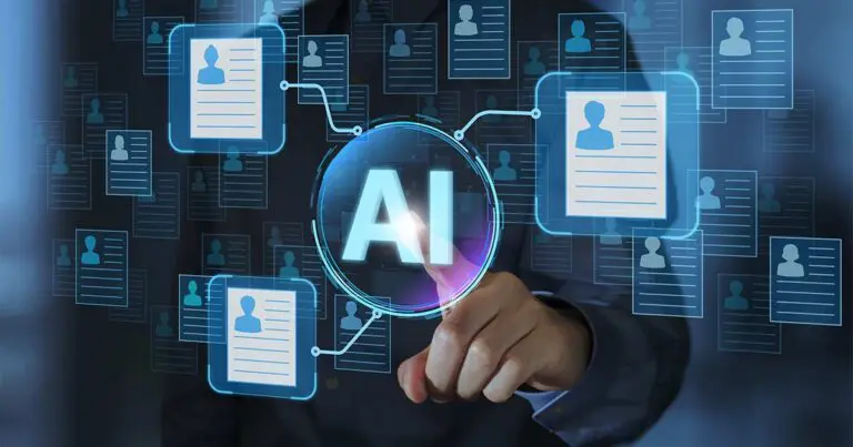 An image of a person tapping the center of a digital overlay that includes an AI icon in the center with three resume icons surrounding it connected to the center to represent AI job matching