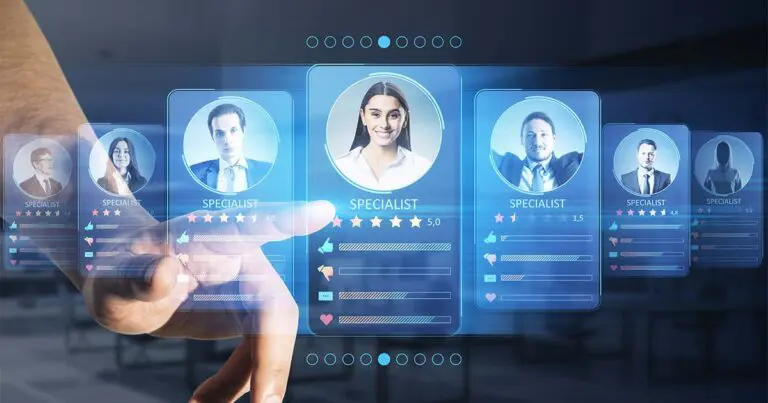 Hand interacting with a transparent digital interface displaying multiple candidate profile cards labeled “SPECIALIST,” each with headshots, star ratings, and feedback icons. The finger selects a highlighted profile showing a five-star rating and “5.0,” suggesting an AI-driven system for browsing or evaluating job applicants.