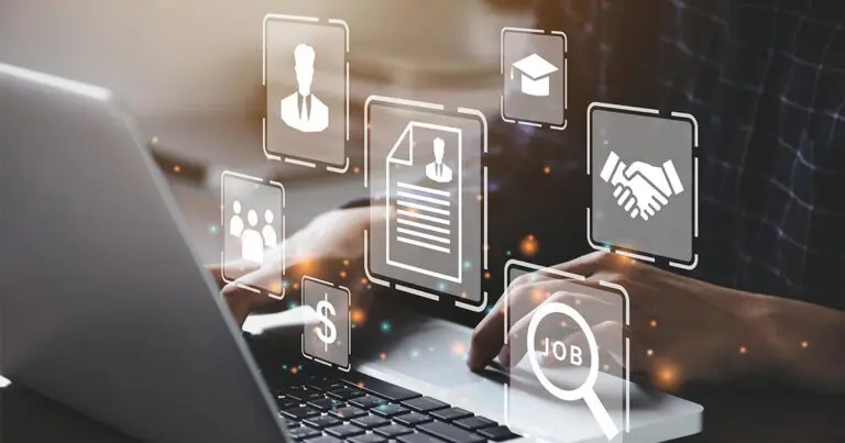 Image of a person sitting at a desk, typing on a computer with only their arms and torso visible with a digital overlay of various symbols like a magnifying glass, a resume, and hands shaking to represent the concept of AI job search visibility.